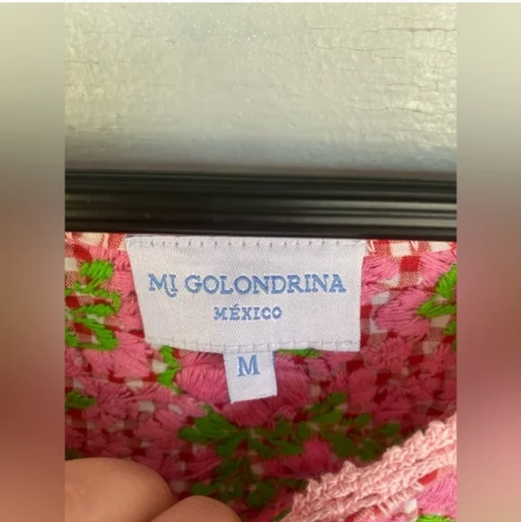 Mi Golondrina Pink & Green Gingham Floral Embrodiered Mexican Top Medium - Picture 3 of 4